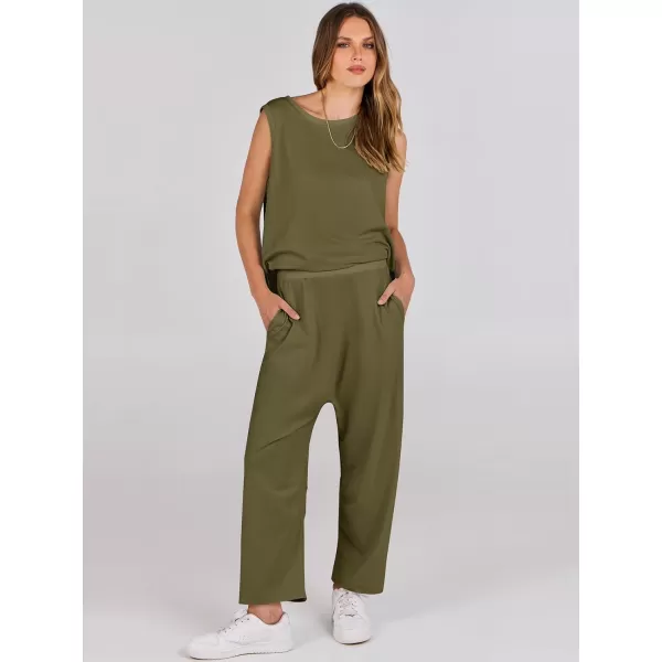 imageANRABESS Womens Two Piece Outfits Sleeveless Top  Harem Cropped Pants Matching Lounge Summer Sets 2024 Fashion ClothesArmy Green