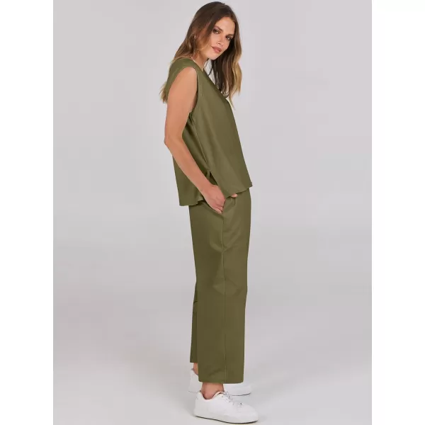 imageANRABESS Womens Two Piece Outfits Sleeveless Top  Harem Cropped Pants Matching Lounge Summer Sets 2024 Fashion ClothesArmy Green