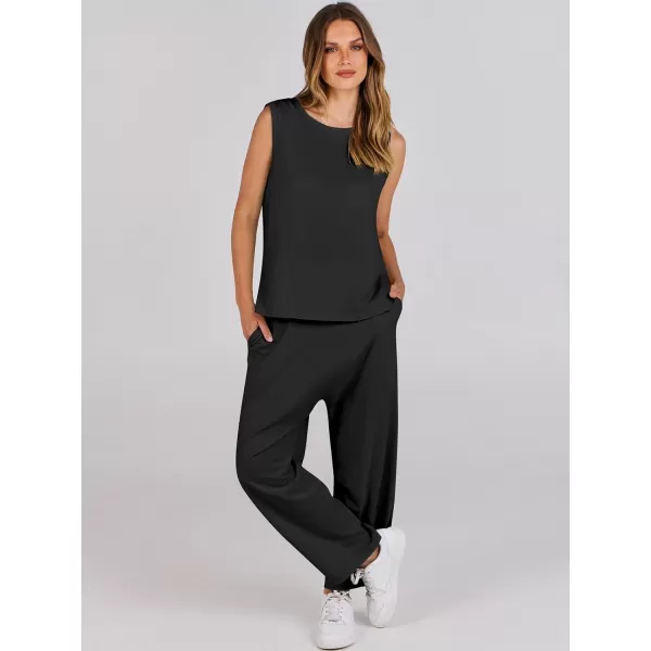 imageANRABESS Womens Two Piece Outfits Sleeveless Top  Harem Cropped Pants Matching Lounge Summer Sets 2024 Fashion ClothesBlack
