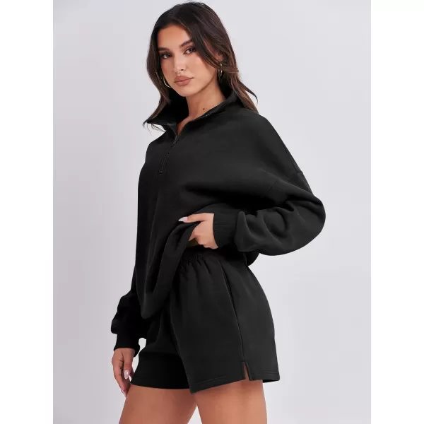 imageANRABESS Womens Two Piece Outfits Sweat Lounge Short Set Long Sleeve Gym Sweatsuit Tracksuit 2024 Spring Fashion Clothes01black
