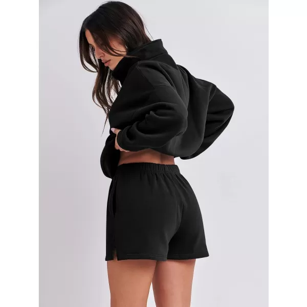 imageANRABESS Womens Two Piece Outfits Sweat Lounge Short Set Long Sleeve Gym Sweatsuit Tracksuit 2024 Spring Fashion Clothes01black