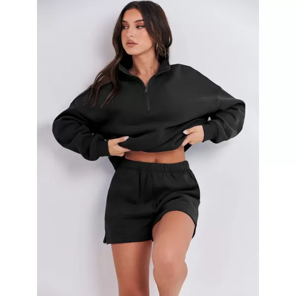 imageANRABESS Womens Two Piece Outfits Sweat Lounge Short Set Long Sleeve Gym Sweatsuit Tracksuit 2024 Spring Fashion Clothes01black