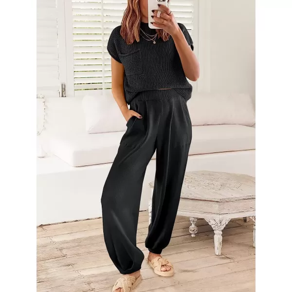 imageANRABESS Womens Two Piece Outfits Sweater Sets Knit Pullover Tops and High Waisted Pants Tracksuit Lounge SetsBlack