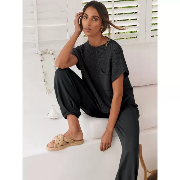 imageANRABESS Womens Two Piece Outfits Sweater Sets Knit Pullover Tops and High Waisted Pants Tracksuit Lounge SetsBlack