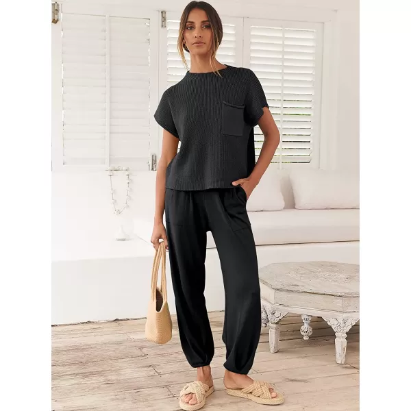 imageANRABESS Womens Two Piece Outfits Sweater Sets Knit Pullover Tops and High Waisted Pants Tracksuit Lounge SetsBlack