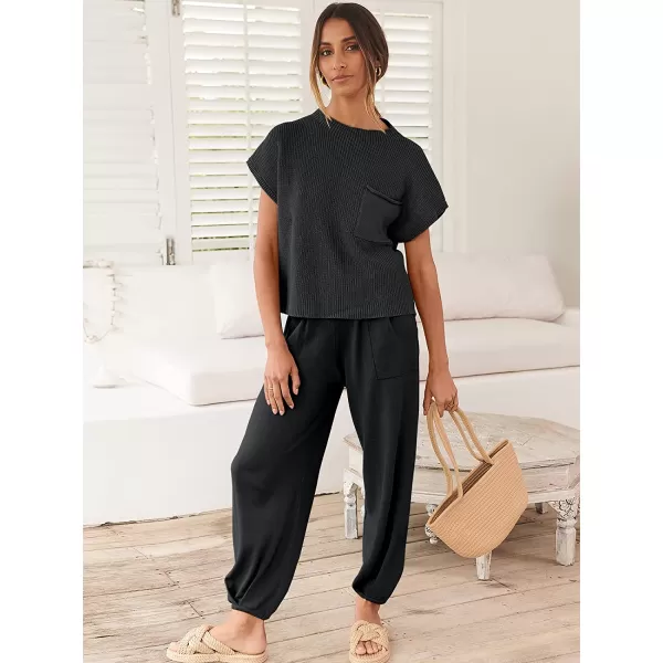 imageANRABESS Womens Two Piece Outfits Sweater Sets Knit Pullover Tops and High Waisted Pants Tracksuit Lounge SetsBlack