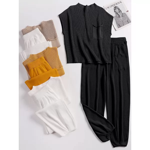 imageANRABESS Womens Two Piece Outfits Sweater Sets Knit Pullover Tops and High Waisted Pants Tracksuit Lounge SetsBlack