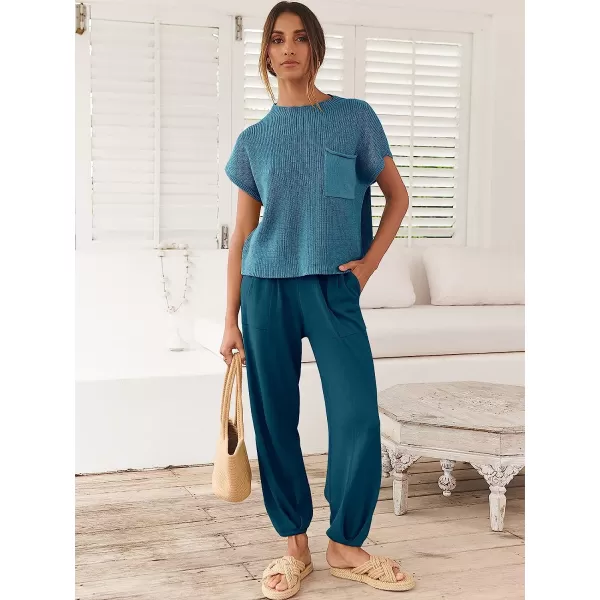 imageANRABESS Womens Two Piece Outfits Sweater Sets Knit Pullover Tops and High Waisted Pants Tracksuit Lounge SetsBlue