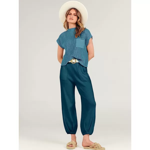 imageANRABESS Womens Two Piece Outfits Sweater Sets Knit Pullover Tops and High Waisted Pants Tracksuit Lounge SetsBlue