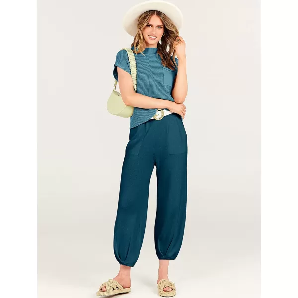 imageANRABESS Womens Two Piece Outfits Sweater Sets Knit Pullover Tops and High Waisted Pants Tracksuit Lounge SetsBlue
