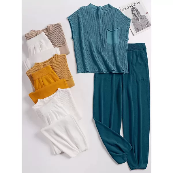 imageANRABESS Womens Two Piece Outfits Sweater Sets Knit Pullover Tops and High Waisted Pants Tracksuit Lounge SetsBlue