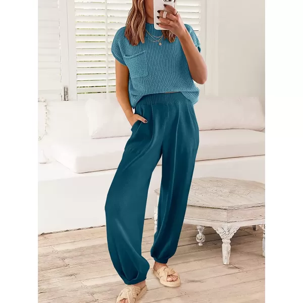 imageANRABESS Womens Two Piece Outfits Sweater Sets Knit Pullover Tops and High Waisted Pants Tracksuit Lounge SetsBlue