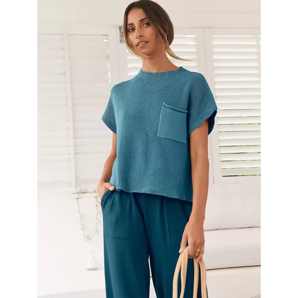 imageANRABESS Womens Two Piece Outfits Sweater Sets Knit Pullover Tops and High Waisted Pants Tracksuit Lounge SetsBlue