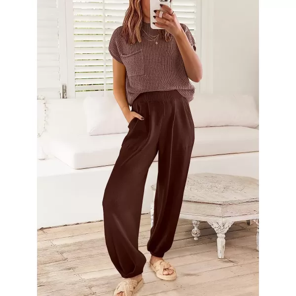 imageANRABESS Womens Two Piece Outfits Sweater Sets Knit Pullover Tops and High Waisted Pants Tracksuit Lounge SetsCoffee