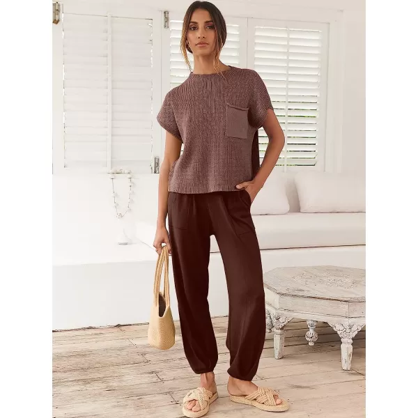 imageANRABESS Womens Two Piece Outfits Sweater Sets Knit Pullover Tops and High Waisted Pants Tracksuit Lounge SetsCoffee