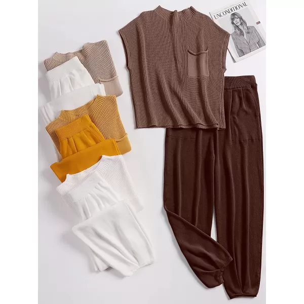 imageANRABESS Womens Two Piece Outfits Sweater Sets Knit Pullover Tops and High Waisted Pants Tracksuit Lounge SetsCoffee