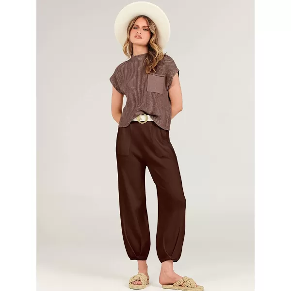 imageANRABESS Womens Two Piece Outfits Sweater Sets Knit Pullover Tops and High Waisted Pants Tracksuit Lounge SetsCoffee
