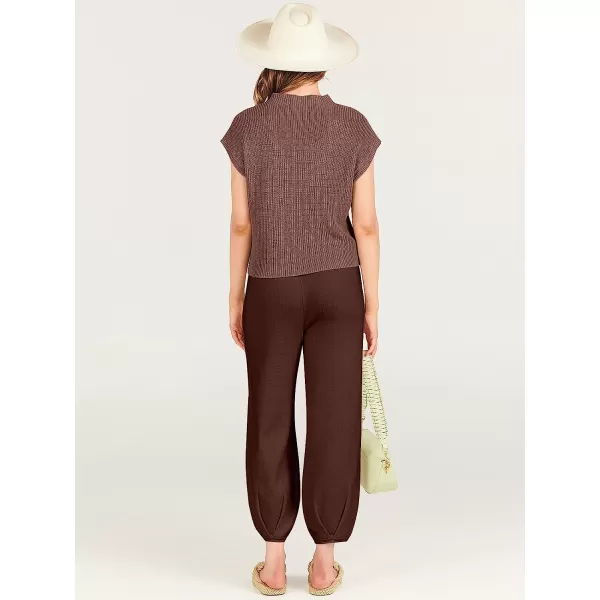 imageANRABESS Womens Two Piece Outfits Sweater Sets Knit Pullover Tops and High Waisted Pants Tracksuit Lounge SetsCoffee