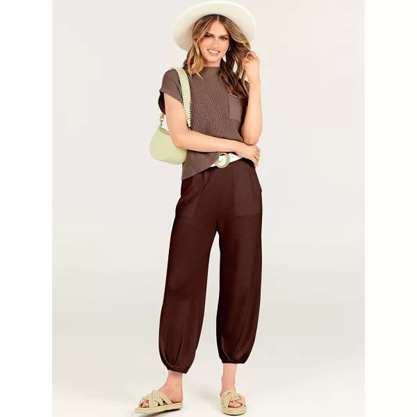 imageANRABESS Womens Two Piece Outfits Sweater Sets Knit Pullover Tops and High Waisted Pants Tracksuit Lounge SetsCoffee