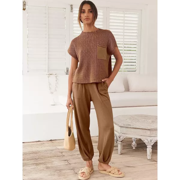 imageANRABESS Womens Two Piece Outfits Sweater Sets Knit Pullover Tops and High Waisted Pants Tracksuit Lounge SetsDeep Brown