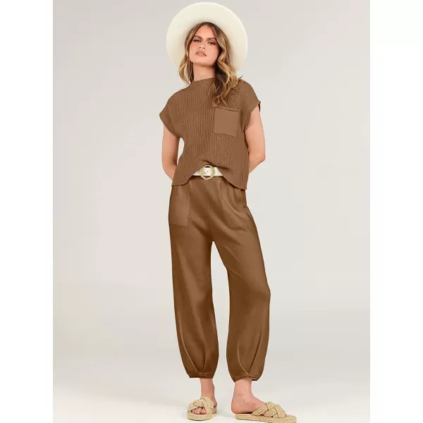 imageANRABESS Womens Two Piece Outfits Sweater Sets Knit Pullover Tops and High Waisted Pants Tracksuit Lounge SetsDeep Brown