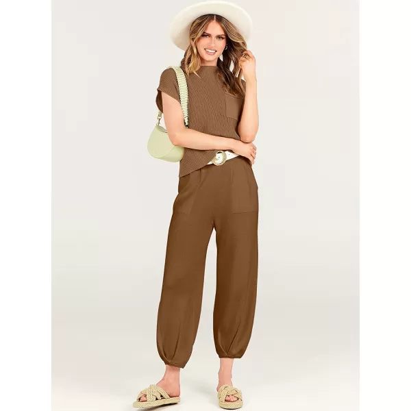 imageANRABESS Womens Two Piece Outfits Sweater Sets Knit Pullover Tops and High Waisted Pants Tracksuit Lounge SetsDeep Brown
