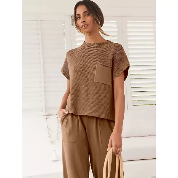 imageANRABESS Womens Two Piece Outfits Sweater Sets Knit Pullover Tops and High Waisted Pants Tracksuit Lounge SetsDeep Brown