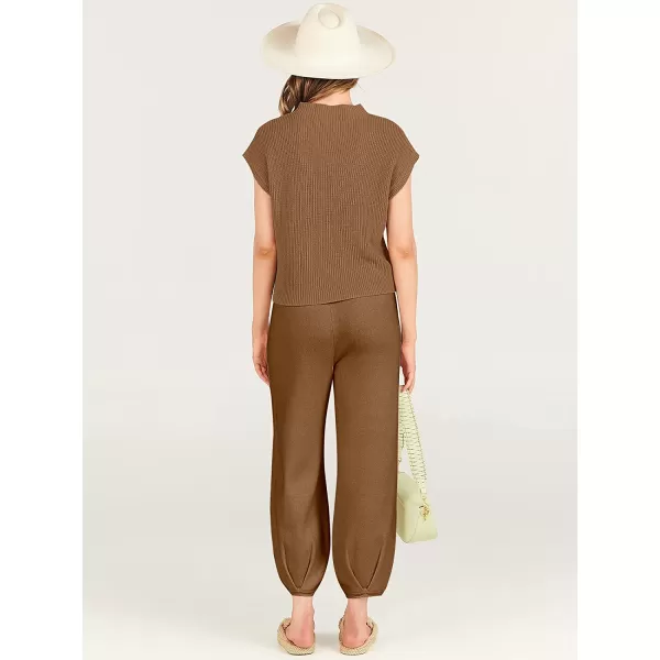 imageANRABESS Womens Two Piece Outfits Sweater Sets Knit Pullover Tops and High Waisted Pants Tracksuit Lounge SetsDeep Brown