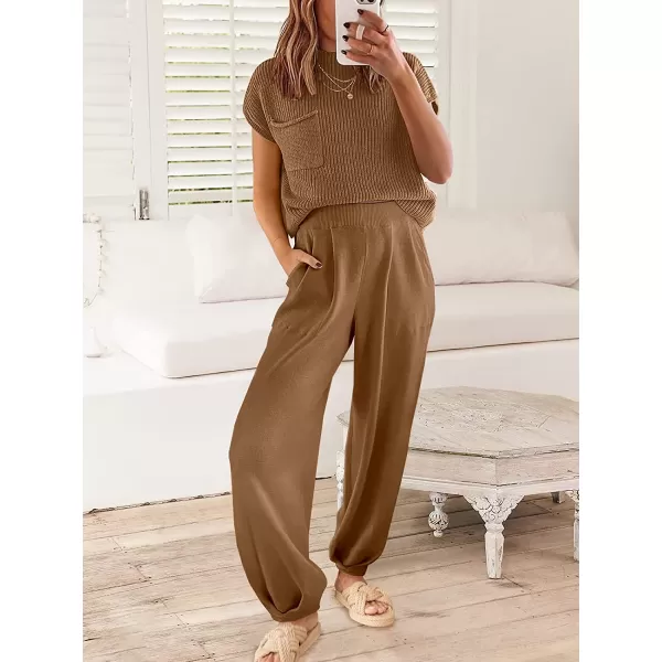 imageANRABESS Womens Two Piece Outfits Sweater Sets Knit Pullover Tops and High Waisted Pants Tracksuit Lounge SetsDeep Brown