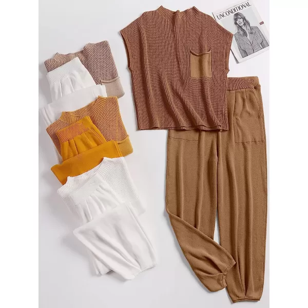 imageANRABESS Womens Two Piece Outfits Sweater Sets Knit Pullover Tops and High Waisted Pants Tracksuit Lounge SetsDeep Brown