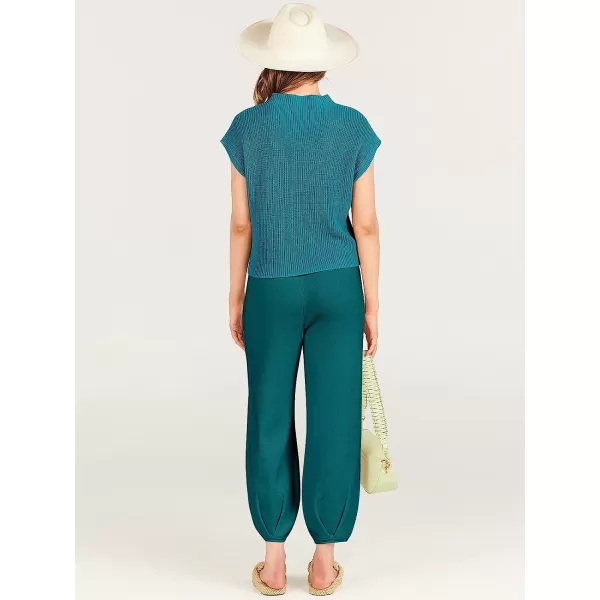 imageANRABESS Womens Two Piece Outfits Sweater Sets Knit Pullover Tops and High Waisted Pants Tracksuit Lounge SetsDeep Green