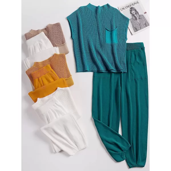 imageANRABESS Womens Two Piece Outfits Sweater Sets Knit Pullover Tops and High Waisted Pants Tracksuit Lounge SetsDeep Green