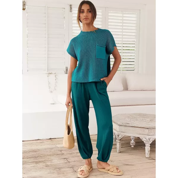 imageANRABESS Womens Two Piece Outfits Sweater Sets Knit Pullover Tops and High Waisted Pants Tracksuit Lounge SetsDeep Green