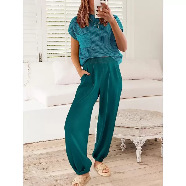 imageANRABESS Womens Two Piece Outfits Sweater Sets Knit Pullover Tops and High Waisted Pants Tracksuit Lounge SetsDeep Green