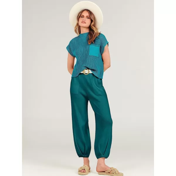 imageANRABESS Womens Two Piece Outfits Sweater Sets Knit Pullover Tops and High Waisted Pants Tracksuit Lounge SetsDeep Green