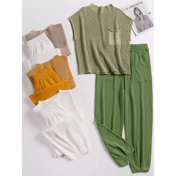 imageANRABESS Womens Two Piece Outfits Sweater Sets Knit Pullover Tops and High Waisted Pants Tracksuit Lounge SetsGrass