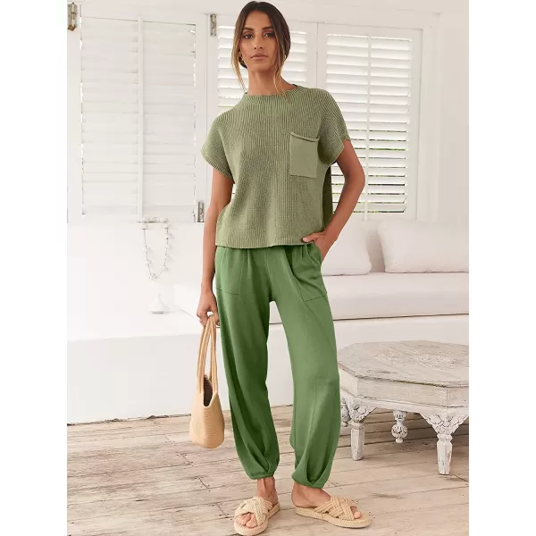 imageANRABESS Womens Two Piece Outfits Sweater Sets Knit Pullover Tops and High Waisted Pants Tracksuit Lounge SetsGrass