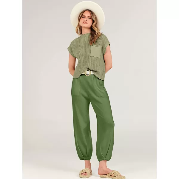 imageANRABESS Womens Two Piece Outfits Sweater Sets Knit Pullover Tops and High Waisted Pants Tracksuit Lounge SetsGrass