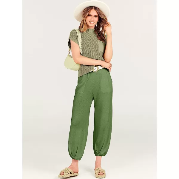 imageANRABESS Womens Two Piece Outfits Sweater Sets Knit Pullover Tops and High Waisted Pants Tracksuit Lounge SetsGrass