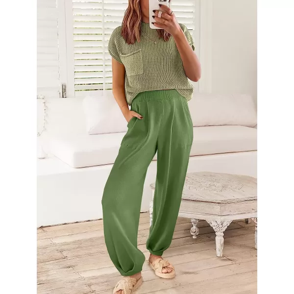 imageANRABESS Womens Two Piece Outfits Sweater Sets Knit Pullover Tops and High Waisted Pants Tracksuit Lounge SetsGrass
