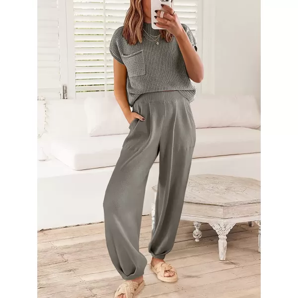 imageANRABESS Womens Two Piece Outfits Sweater Sets Knit Pullover Tops and High Waisted Pants Tracksuit Lounge SetsGrey