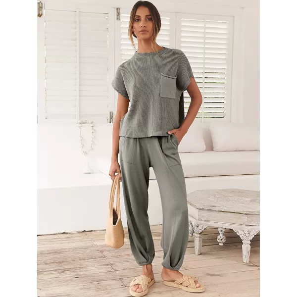 imageANRABESS Womens Two Piece Outfits Sweater Sets Knit Pullover Tops and High Waisted Pants Tracksuit Lounge SetsGrey