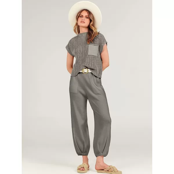 imageANRABESS Womens Two Piece Outfits Sweater Sets Knit Pullover Tops and High Waisted Pants Tracksuit Lounge SetsGrey