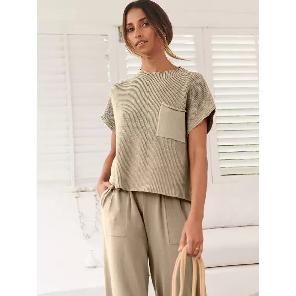 imageANRABESS Womens Two Piece Outfits Sweater Sets Knit Pullover Tops and High Waisted Pants Tracksuit Lounge SetsKhaki