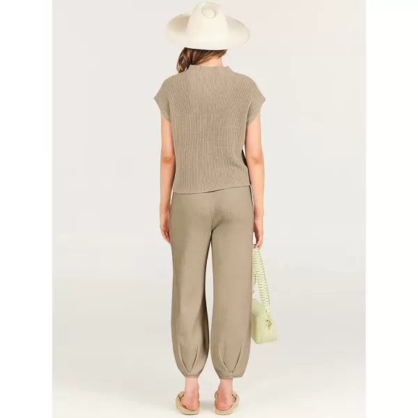 imageANRABESS Womens Two Piece Outfits Sweater Sets Knit Pullover Tops and High Waisted Pants Tracksuit Lounge SetsKhaki