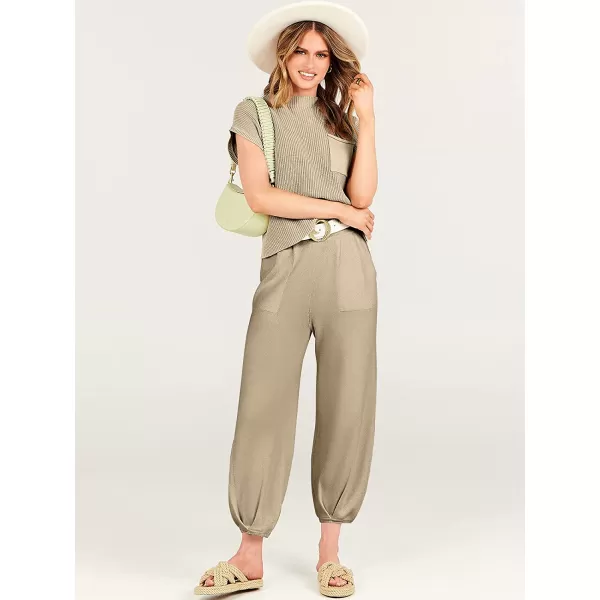 imageANRABESS Womens Two Piece Outfits Sweater Sets Knit Pullover Tops and High Waisted Pants Tracksuit Lounge SetsKhaki