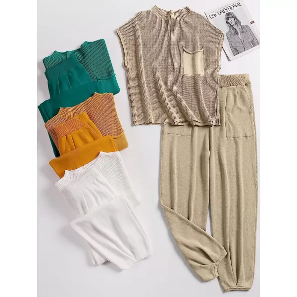 imageANRABESS Womens Two Piece Outfits Sweater Sets Knit Pullover Tops and High Waisted Pants Tracksuit Lounge SetsKhaki