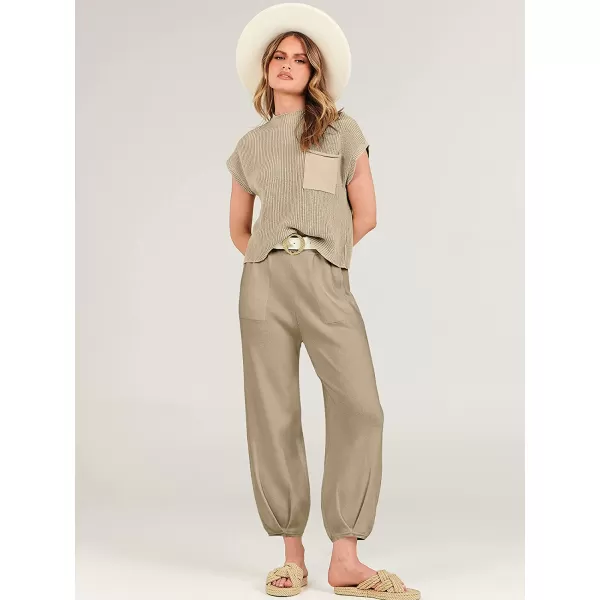 imageANRABESS Womens Two Piece Outfits Sweater Sets Knit Pullover Tops and High Waisted Pants Tracksuit Lounge SetsKhaki