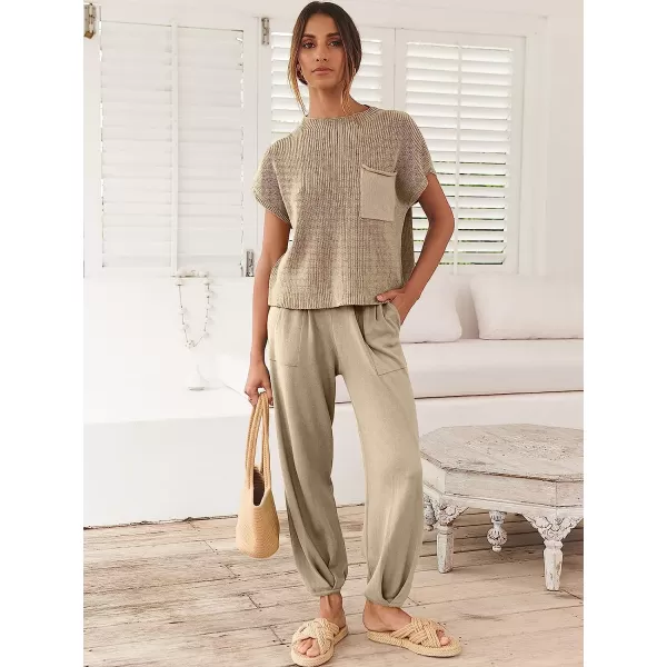 imageANRABESS Womens Two Piece Outfits Sweater Sets Knit Pullover Tops and High Waisted Pants Tracksuit Lounge SetsKhaki