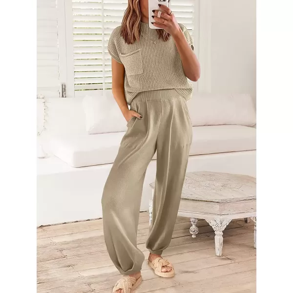 imageANRABESS Womens Two Piece Outfits Sweater Sets Knit Pullover Tops and High Waisted Pants Tracksuit Lounge SetsKhaki